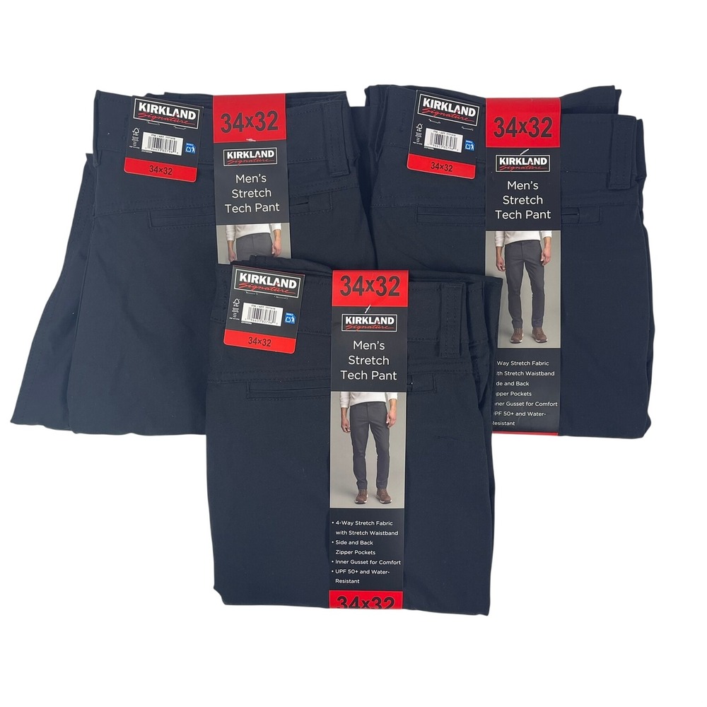 Kirkland Mens Stretch Tech Pant 34x32 Water Resistant UPF 50+ Black 3 Pair